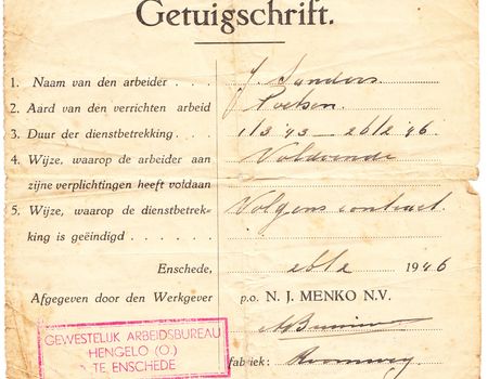 Getuigschrift Joodse Firma N J Menko Nv Enschede 1943 1946