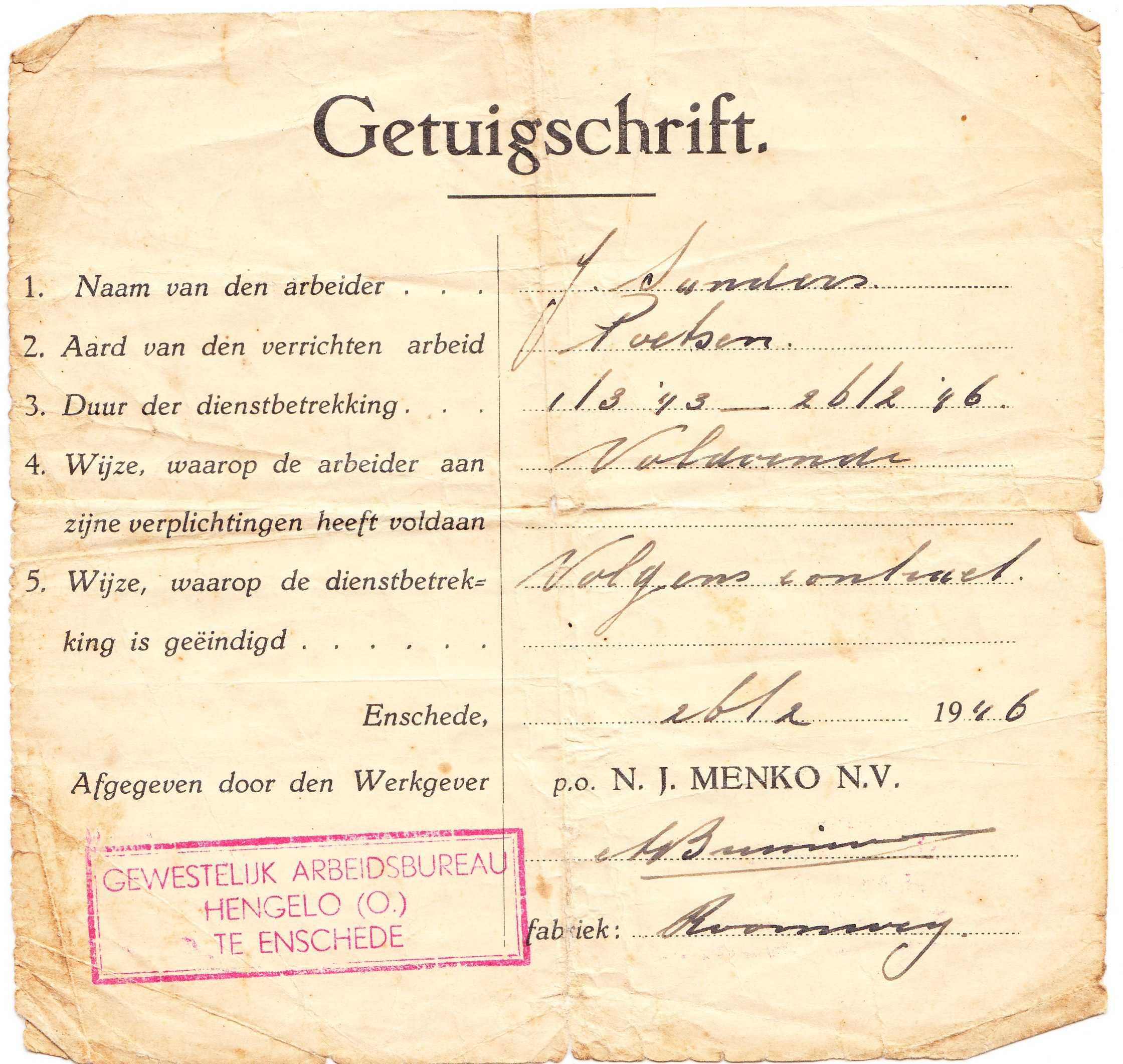 Getuigschrift Joodse Firma N J Menko Nv Enschede 1943 1946