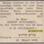 Overlijdensbericht echtgenoot Klara, Nieuw Israëlitisch Weekblad, 18 mrt. 1938.png